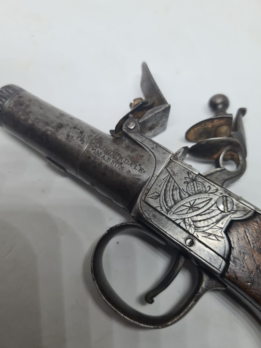 Discover our collection of antique firearms, featuring the English Flintlock Boxlock Pocket Pistol by Mabson and Labron, Birmingham Proofs, Circa 1808-1822. Buy now!