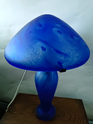 Discover 20th Century French Vianne glass table lamps by Serge Ligardes online. Explore our signed, unique mushroom-shaped lamps with dappled blue swirl decoration. Shop now!