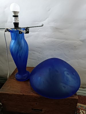 Discover 20th Century French Vianne glass table lamps by Serge Ligardes online. Explore our signed, unique mushroom-shaped lamps with dappled blue swirl decoration. Shop now!