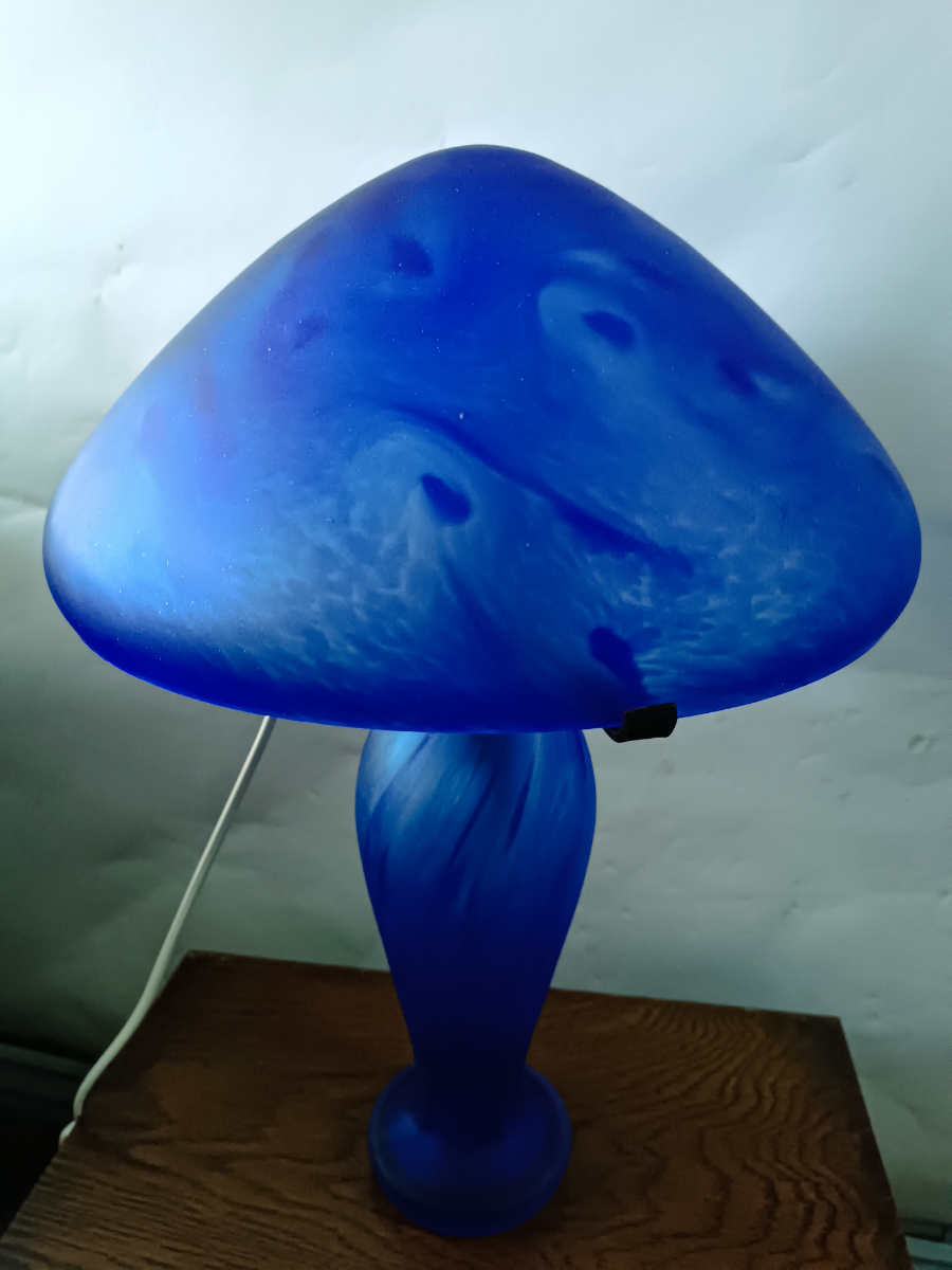 Discover 20th Century French Vianne glass table lamps by Serge Ligardes online. Explore our signed, unique mushroom-shaped lamps with dappled blue swirl decoration. Shop now!
