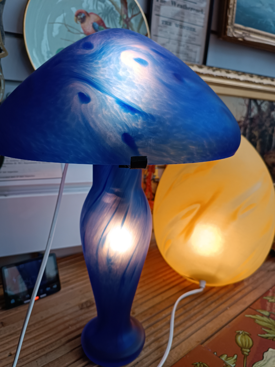 Discover 20th Century French Vianne glass table lamps by Serge Ligardes online. Explore our signed, unique mushroom-shaped lamps with dappled blue swirl decoration. Shop now!