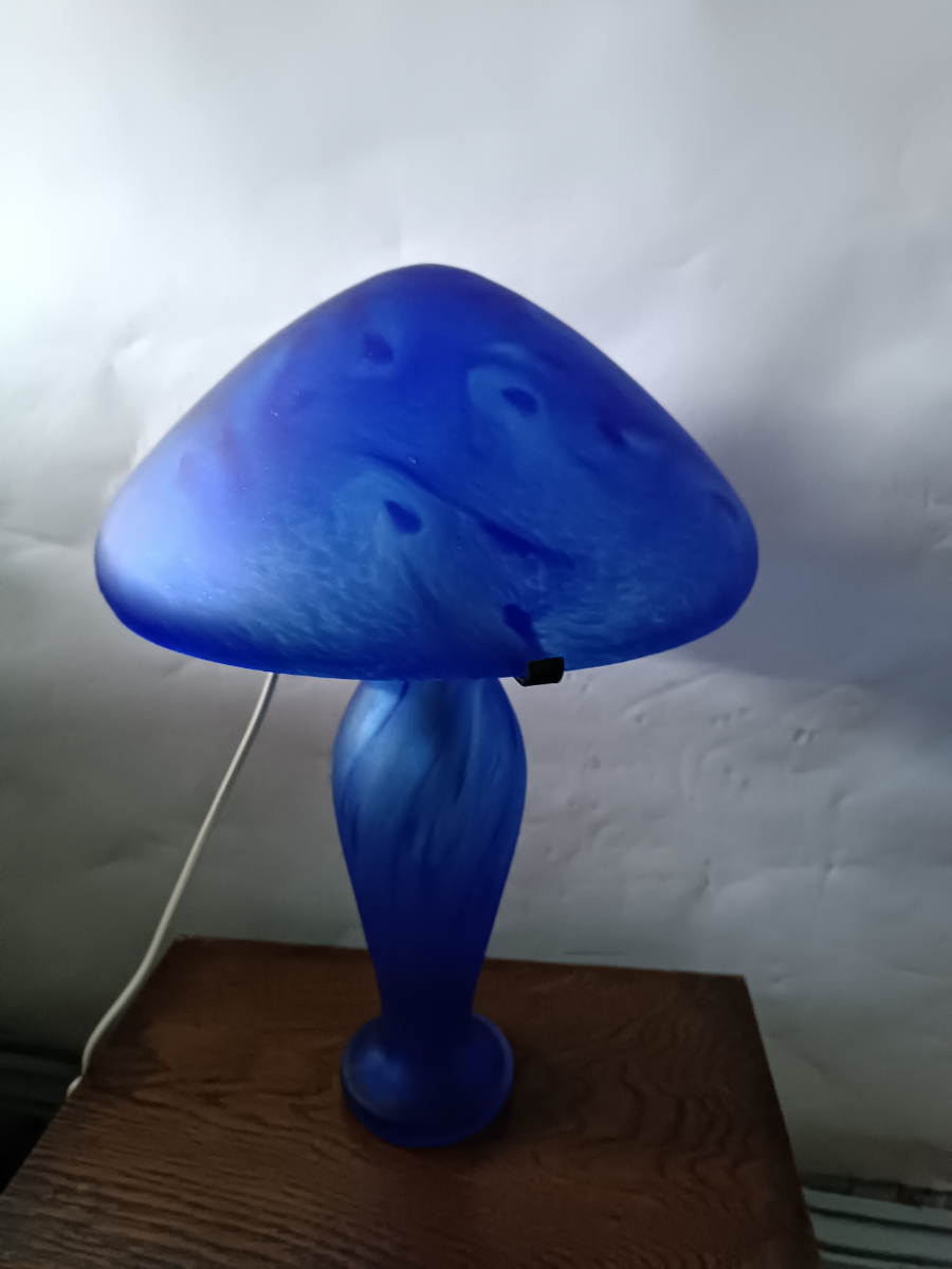Discover 20th Century French Vianne glass table lamps by Serge Ligardes online. Explore our signed, unique mushroom-shaped lamps with dappled blue swirl decoration. Shop now!