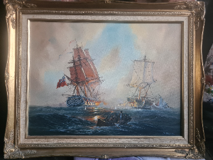 Shop our collection of detailed oil paintings by Donald MacLeod. Experience the dramatic sea battle of HMS Nymphe and the French frigate Cléopâtre in a stunning 75 x 60cm size artwork now.