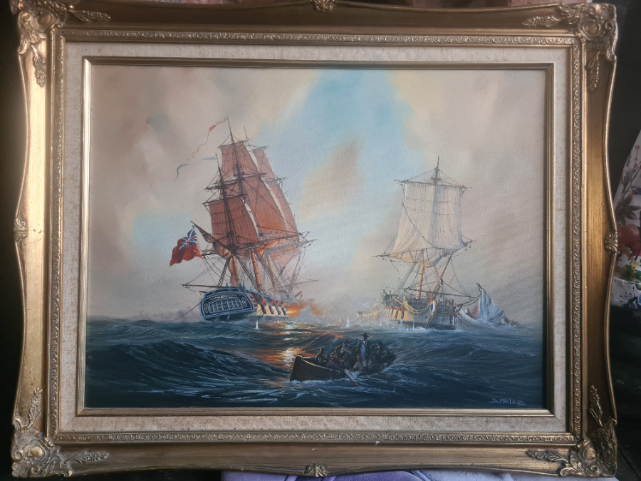 Shop our collection of detailed oil paintings by Donald MacLeod. Experience the dramatic sea battle of HMS Nymphe and the French frigate Cléopâtre in a stunning 75 x 60cm size artwork now.
