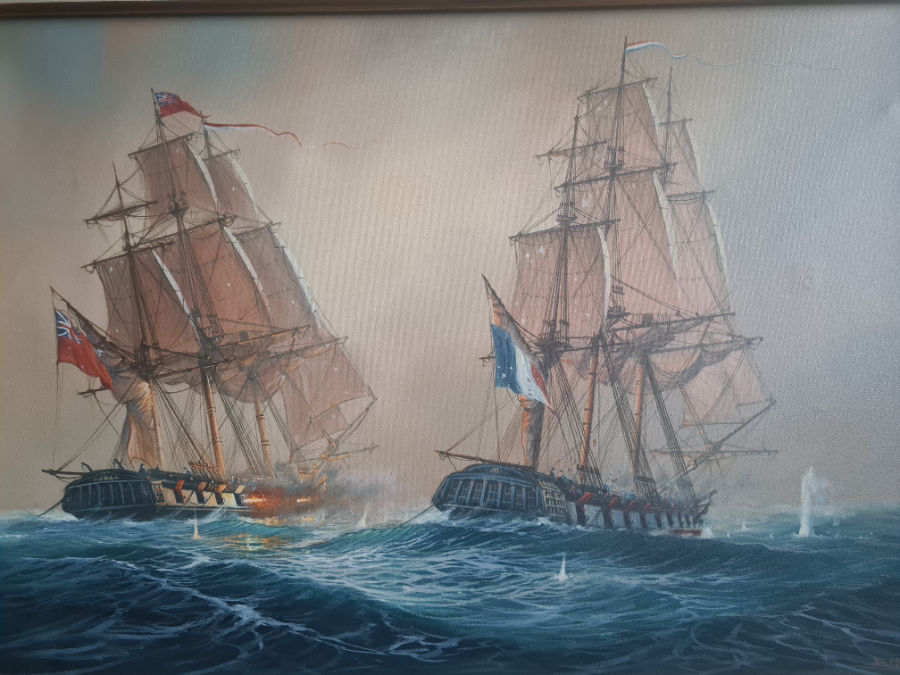 Frigate Action Scene - French Frigate Cléopâtre Against HMS Nymphe By Donald MacLeod, Oil On Canvas