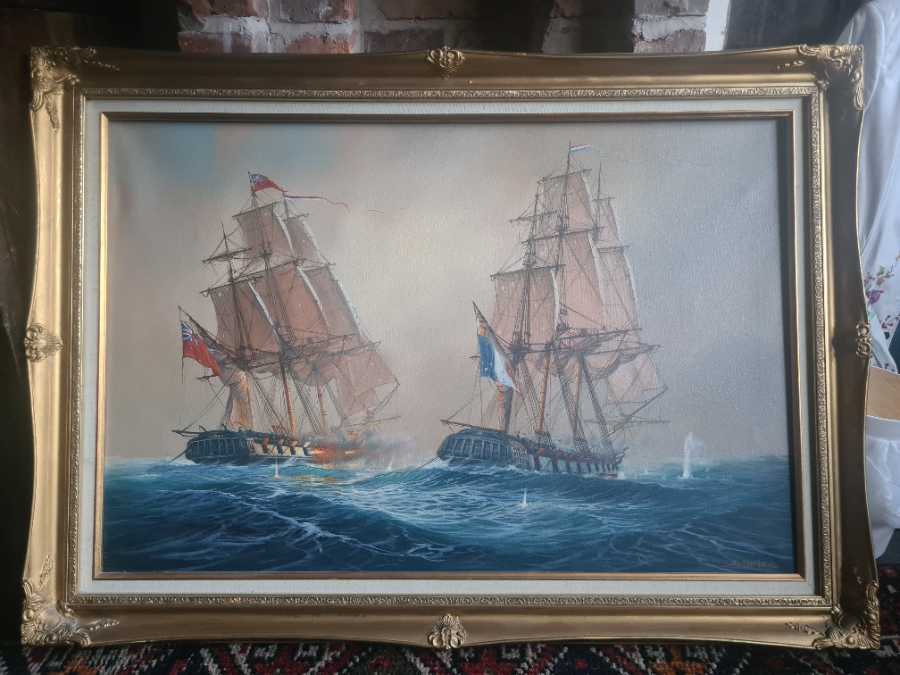Frigate Action Scene - French Frigate Cléopâtre Against HMS Nymphe By Donald MacLeod, Oil On Canvas