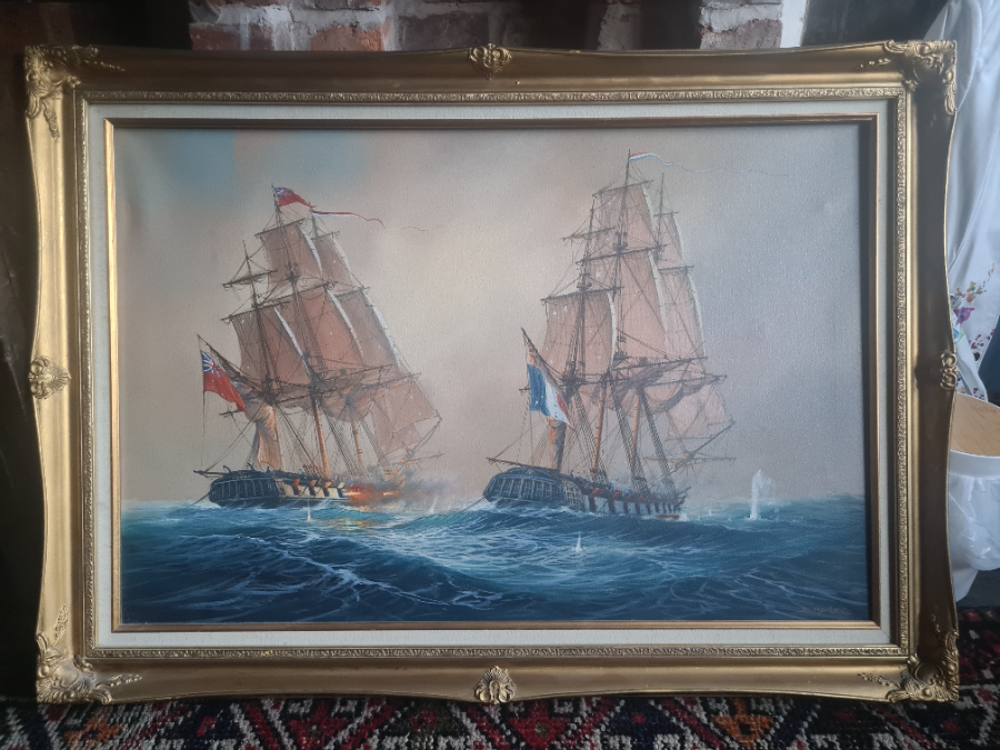 Frigate Action Scene - French Frigate Cléopâtre Against HMS Nymphe By Donald MacLeod, Oil On Canvas