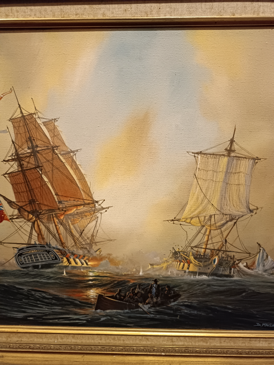 Shop our collection of detailed oil paintings by Donald MacLeod. Experience the dramatic sea battle of HMS Nymphe and the French frigate Cléopâtre in a stunning 75 x 60cm size artwork now.