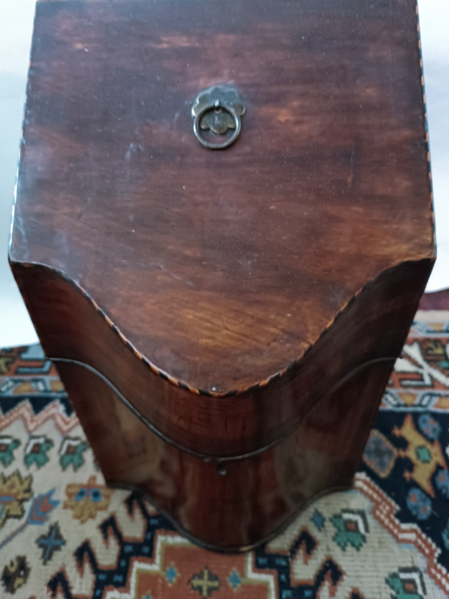 Explore our collection of Georgian Inlaid mahogany cutlery boxes. Classic serpentine fronted design, good condition, 36 cm height. Missing key. Shop now!