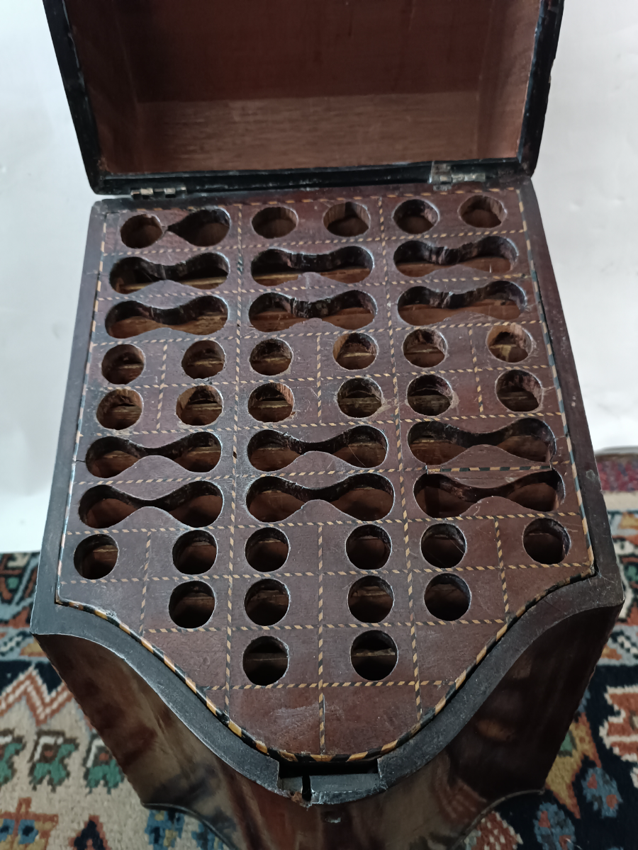 Explore our collection of Georgian Inlaid mahogany cutlery boxes. Classic serpentine fronted design, good condition, 36 cm height. Missing key. Shop now!