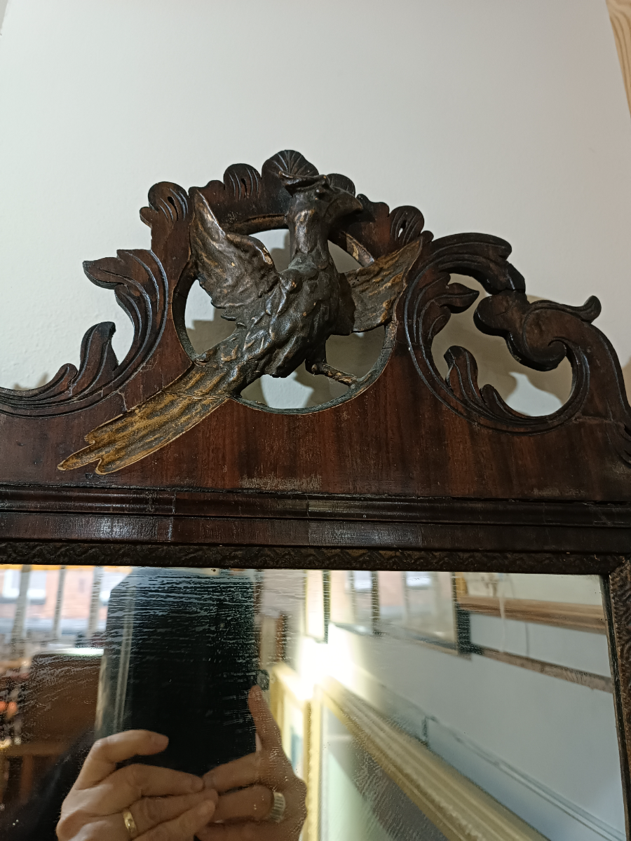 Georgian Mahogany Fretwork Mirror With Gilt Bird Crest