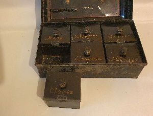 Discover our Antique English Spice Box from the 1820s. Despite exterior paint loss, enjoy its unique Georgian details and pristine interior. Shop now for unique historical home pieces.