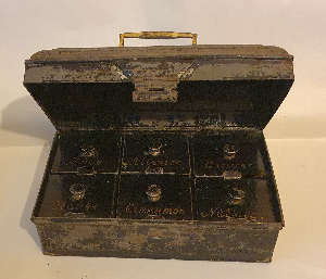 Discover our Antique English Spice Box from the 1820s. Despite exterior paint loss, enjoy its unique Georgian details and pristine interior. Shop now for unique historical home pieces.