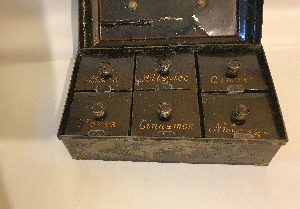 Discover our Antique English Spice Box from the 1820s. Despite exterior paint loss, enjoy its unique Georgian details and pristine interior. Shop now for unique historical home pieces.