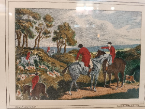 Explore our collection of Langley Ltd's 1958 silk prints. Featuring the popular "Fox Hunting" print, sized 27 x 22 cm. Shop now for quality vintage prints!