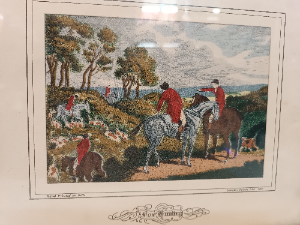 Explore our collection of Langley Ltd's 1958 silk prints. Featuring the popular "Fox Hunting" print, sized 27 x 22 cm. Shop now for quality vintage prints!