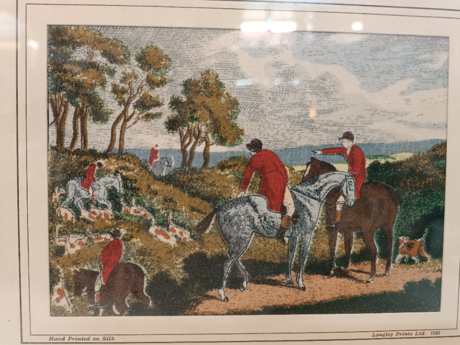 Explore our collection of Langley Ltd's 1958 silk prints. Featuring the popular "Fox Hunting" print, sized 27 x 22 cm. Shop now for quality vintage prints!