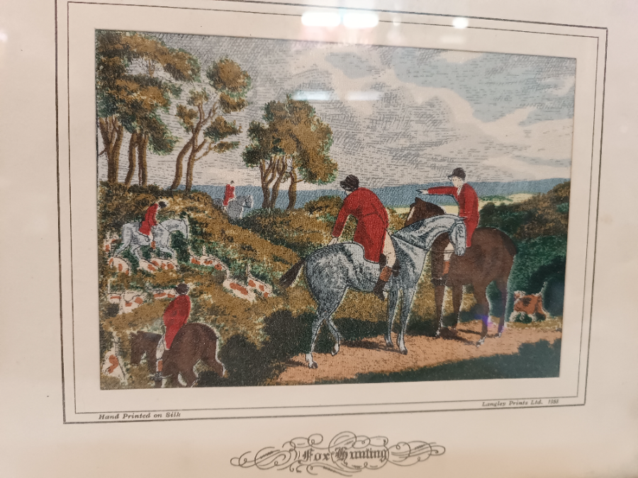 Explore our collection of Langley Ltd's 1958 silk prints. Featuring the popular "Fox Hunting" print, sized 27 x 22 cm. Shop now for quality vintage prints!