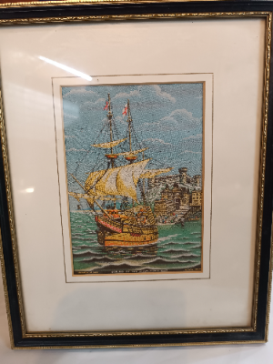 Discover our hand-woven silk picture Sailing of the Mayflower 1620, meticulously crafted in Macclesfield. Sized at 30x24 cm. Shop now to enrich your art collection.