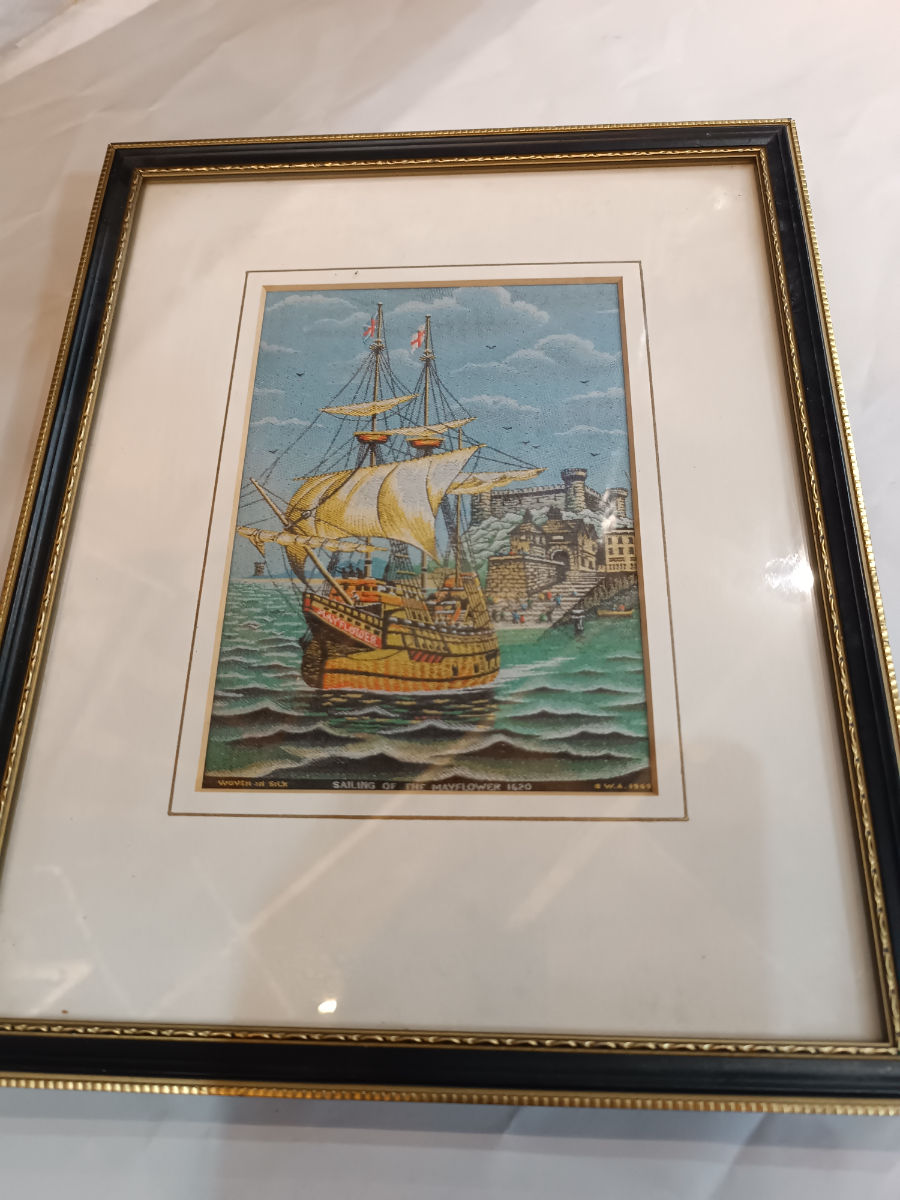 Discover our hand-woven silk picture Sailing of the Mayflower 1620, meticulously crafted in Macclesfield. Sized at 30x24 cm. Shop now to enrich your art collection.