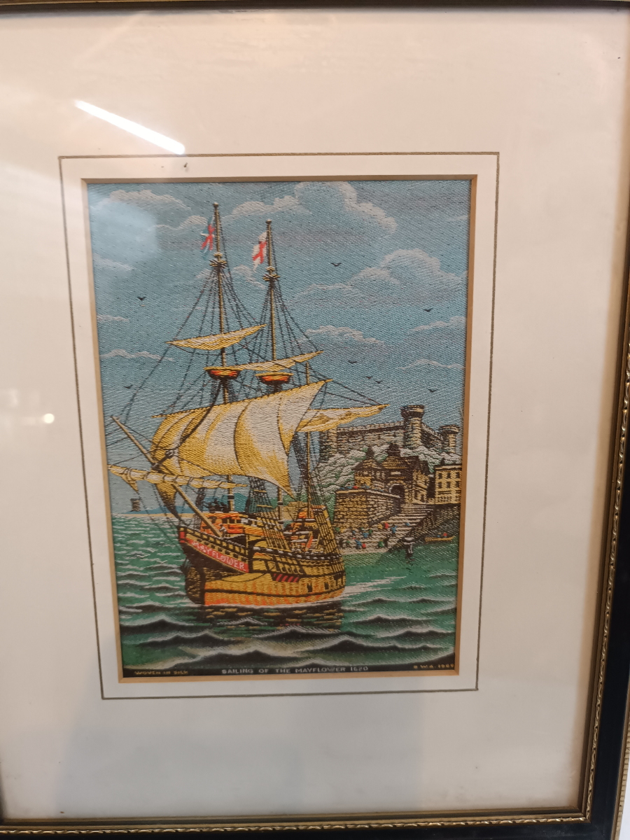 Discover our hand-woven silk picture Sailing of the Mayflower 1620, meticulously crafted in Macclesfield. Sized at 30x24 cm. Shop now to enrich your art collection.