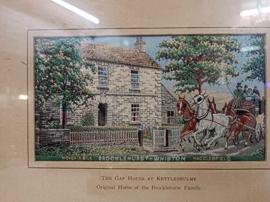 Discover our exquisite hand-woven silk picture, The Gap House at Kettleshulme - a tribute to the Brocklehurst family's original home. Own it now! Size: 25 x 20 cm.