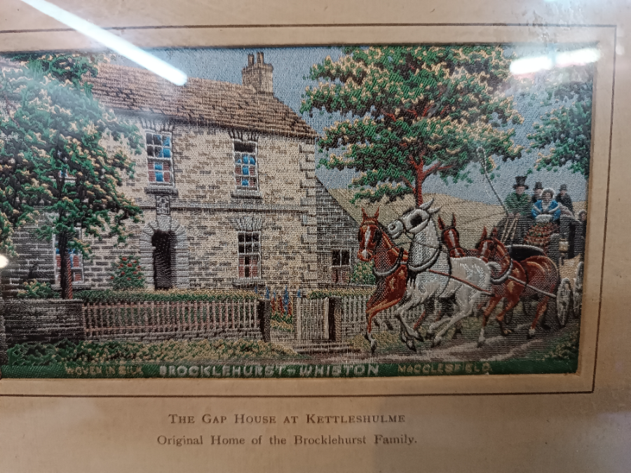 Discover our exquisite hand-woven silk picture, The Gap House at Kettleshulme - a tribute to the Brocklehurst family's original home. Own it now! Size: 25 x 20 cm.