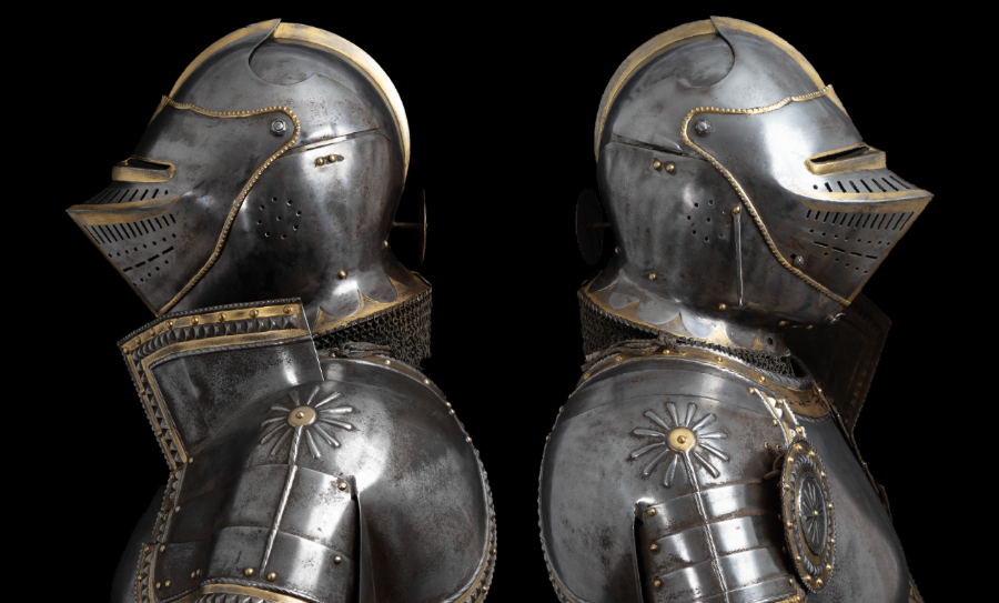 Discover 16th-century style decorative full field armor, inspired by Charles V's KD Garniture. Expertly forged by Severino Consentino & Higinio Antonio Lorente. Explore specifications and history now!