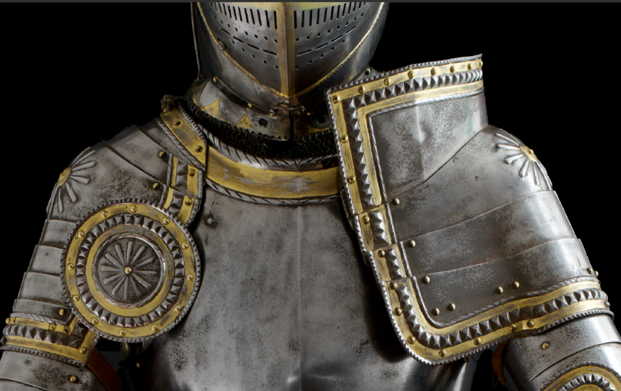 Discover 16th-century style decorative full field armor, inspired by Charles V's KD Garniture. Expertly forged by Severino Consentino & Higinio Antonio Lorente. Explore specifications and history now!