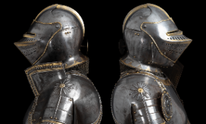 Discover 16th-century style decorative full field armor, inspired by Charles V's KD Garniture. Expertly forged by Severino Consentino & Higinio Antonio Lorente. Explore specifications and history now!