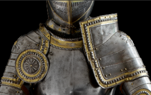 Discover 16th-century style decorative full field armor, inspired by Charles V's KD Garniture. Expertly forged by Severino Consentino & Higinio Antonio Lorente. Explore specifications and history now!
