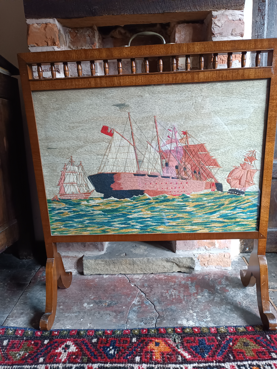 Historic 19th Century Mahogany Fire Screen, ' Great Eastern '