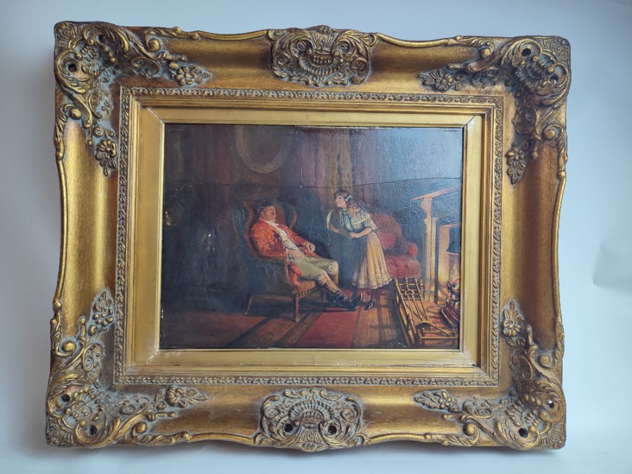 Discover our stunning Oil on Board - Huntsman Resting by the Fire. Intricate detail and harmonious colors in a 27x35cm format. Buy yours today!