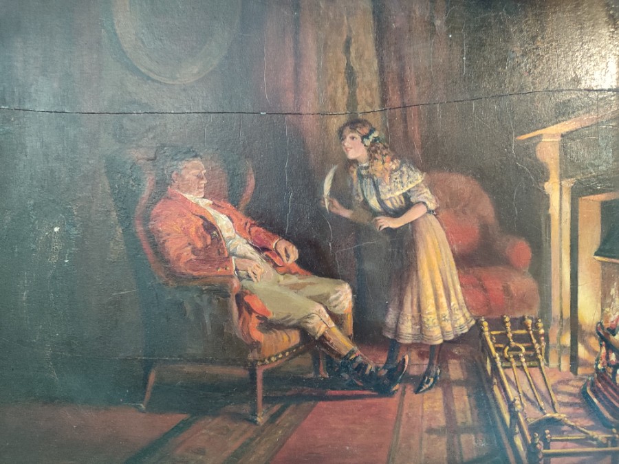 Discover our stunning Oil on Board - Huntsman Resting by the Fire. Intricate detail and harmonious colors in a 27x35cm format. Buy yours today!