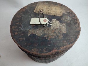 Japanned Busby Tin To The Warwickshire Yeomanry To Dudley Leigh.