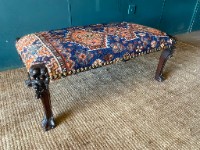LARGE Antique Victorian Carved Rosewood Upholstered Wool Rug Footstool Stool