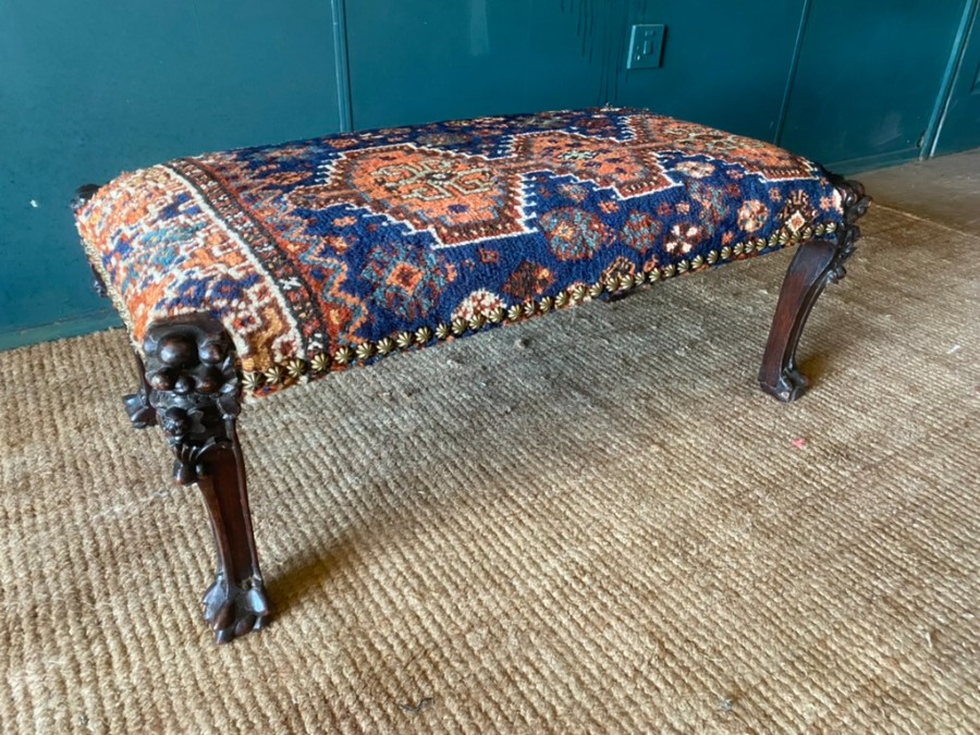 LARGE Antique Victorian Carved Rosewood Upholstered Wool Rug Footstool Stool