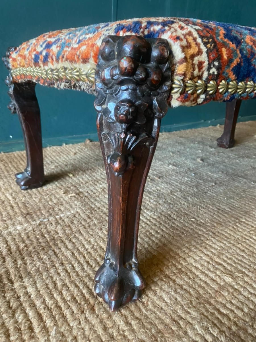 LARGE Antique Victorian Carved Rosewood Upholstered Wool Rug Footstool Stool