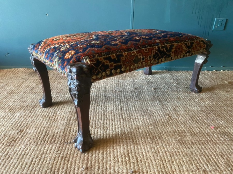 LARGE Antique Victorian Carved Rosewood Upholstered Wool Rug Footstool Stool