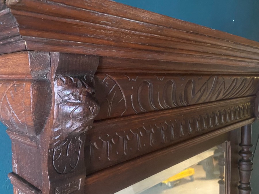 Large Antique French Mantle Mirror Carved Wood Frame Original Mercury Pier Glass