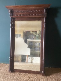 Large Antique French Mantle Mirror Carved Wood Frame Original Mercury Pier Glass