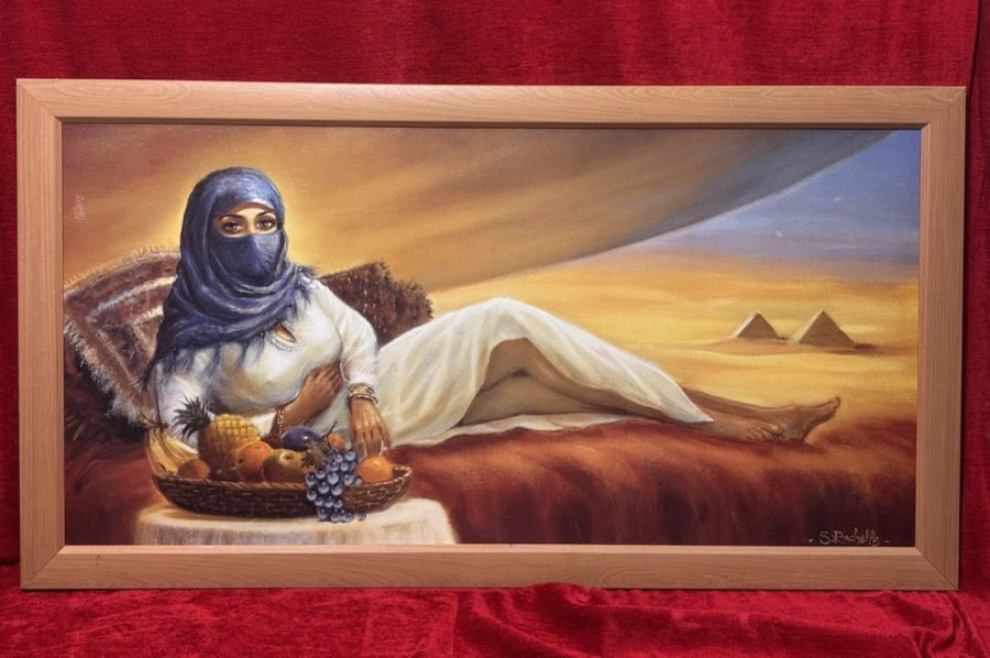 Large Oil Painting Arabian Beauty Reclining In Bedouin Tent By S Rachelle