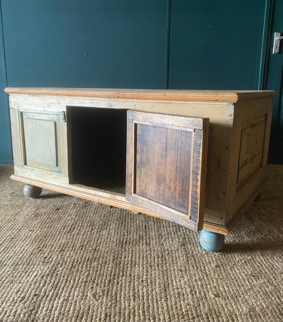 Large Rustic Indian Hardwood Coffee Table Storage Chest Cupboard Original Paint