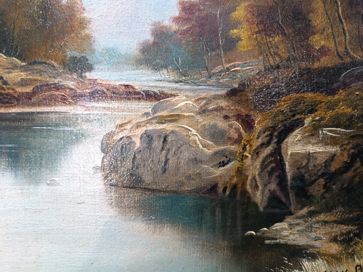 Discover the enchanting 19th c. oil on canvas river landscape painting by renowned artist George Willis Pryce. Get captivated by its rustic beauty. Grab this masterpiece now!