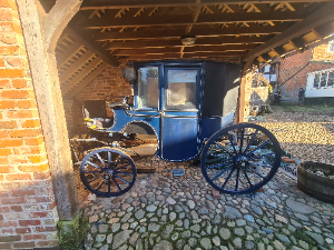 Discover our 1860 Brougham horse-drawn carriage by Frederick Sanderson. Built for comfort and city travel, it seats 2-4 people. Come view this historical gem today.