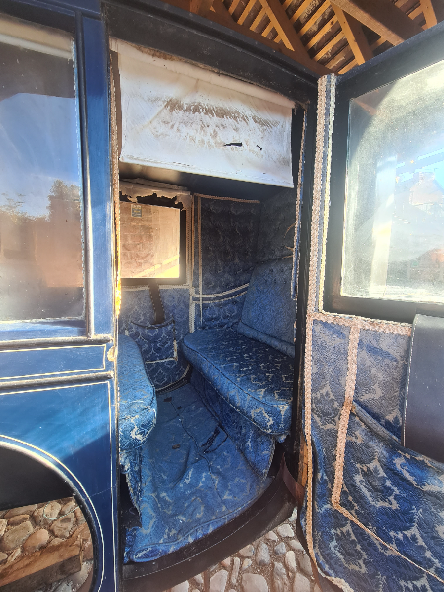 Discover our 1860 Brougham horse-drawn carriage by Frederick Sanderson. Built for comfort and city travel, it seats 2-4 people. Come view this historical gem today.