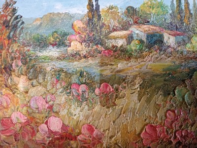 Discover the mesmerizing beauty of rural Provence in Christophe Ghesquiere's landscape oil painting. Measuring 35x39cm, it's hand-signed with authenticity certificate. Shop now.