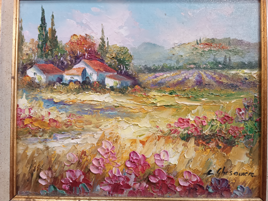 Discover the mesmerizing beauty of rural Provence in Christophe Ghesquiere's landscape oil painting. Measuring 35x39cm, it's hand-signed with authenticity certificate. Shop now.