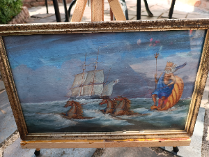 Discover our late 19th-20th century oil painting of Britannia Ruling The Waves. Sized 26 x 41 cm with frame. Act now and enrich your art collection!
