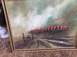 A large and impressive original oil painting depicting the Charge of the Light Brigade, with a dramatic cannon prominently positioned in the foreground. The work captures the intensity of the famous military engagement in a highly atmospheric and imposing composition.

Painted by John Bonfield, a known artist celebrated for his Impressionistic style and military subjects.

Approximate dimensions: 83 cm high × 100 cm wide
Price: £775
Delivery: £50